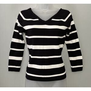 Preppy Sweater Size XS Black White Striped V-neck Coastal Chic Y2K 00s Office